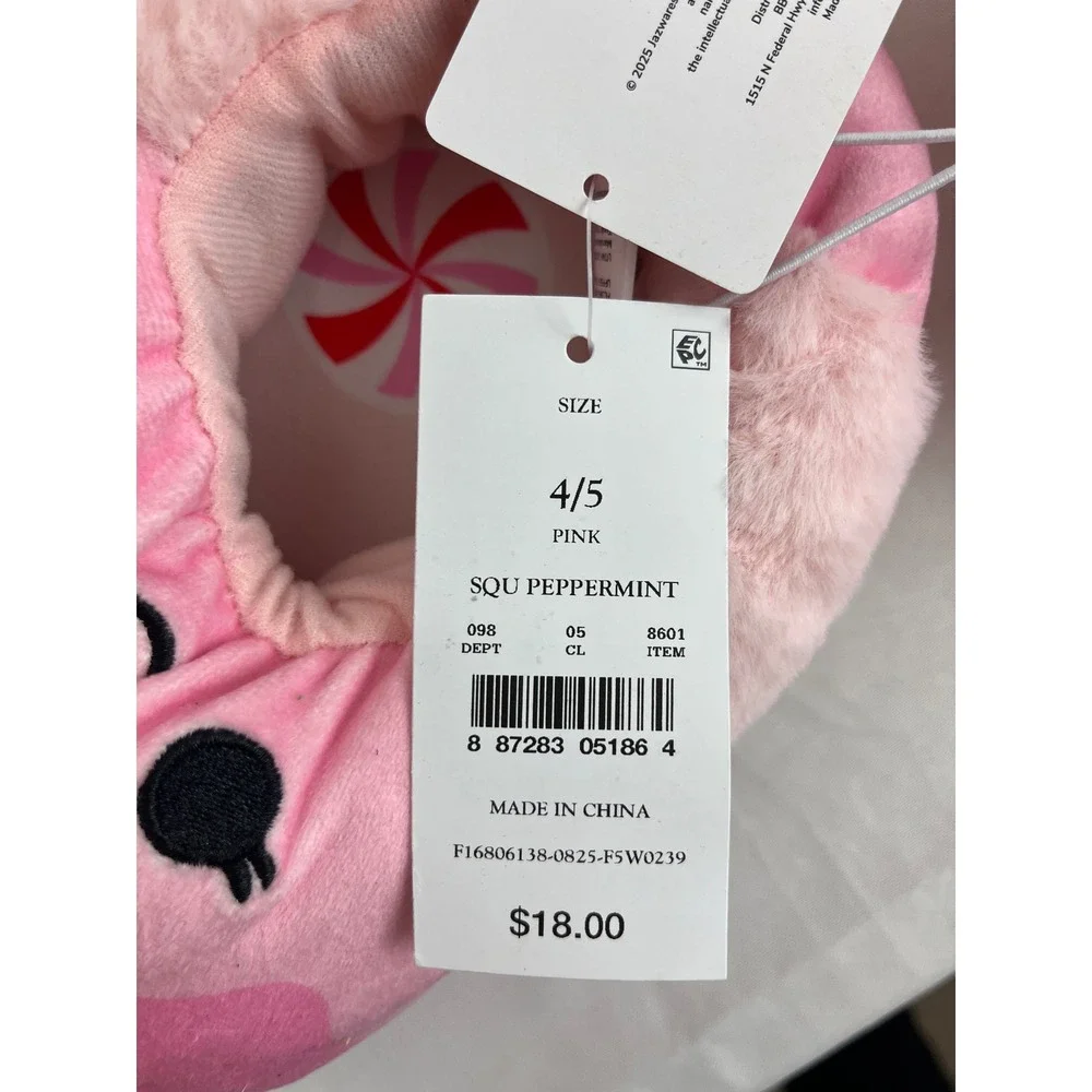 Squishmallows Peppermint Hot Cocoa Pink Plush Slippers Kids Size 4-5 NWT